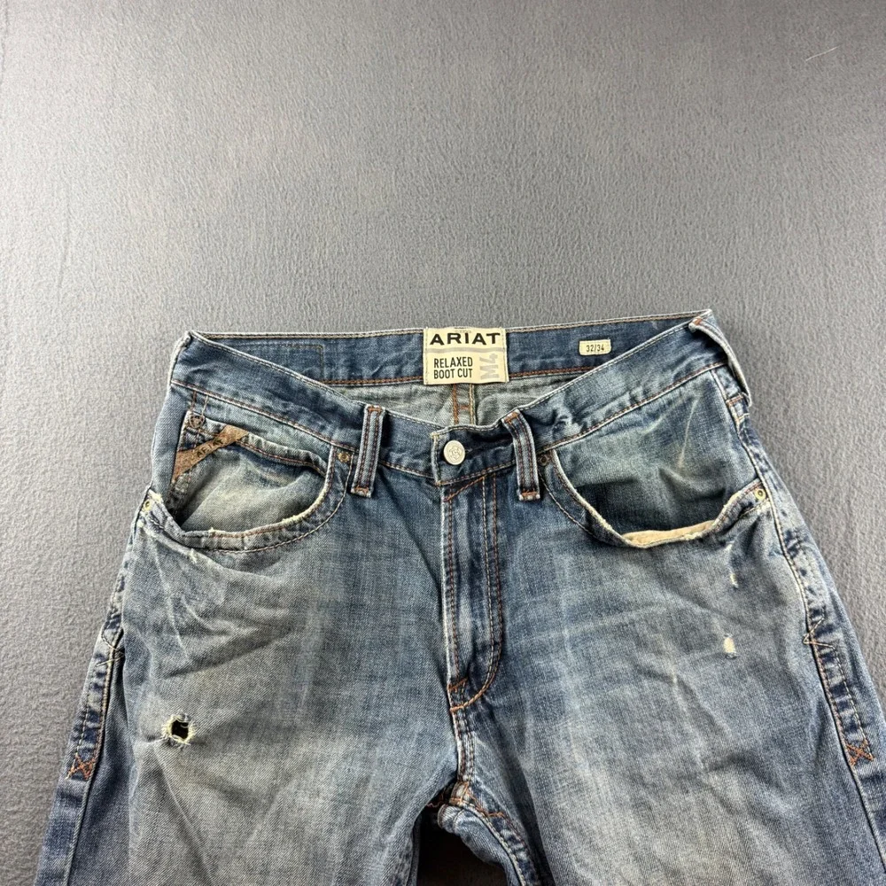 Ariat M4 Jeans Mens 32x34 (Fits 34x34) Blue Relaxed Boot Cut Distressed Workwear
